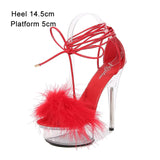 Shuzumiao Women's Sandals 2021 Summer New Waterproof Platform Transparent Fur High Heels Cross Straps Thin Heel Pole Dance