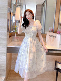 Elegant Floral Chiffon Party Dress Women Fashion Puff Sleeve A Line Midi Dress Sweet Square Collar Korean Female