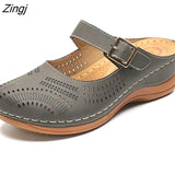 New Women Flat Shoes Mules For Women PU Leather Round Head Sandals Closed Toe Sandals Women Slipper Non-slip Retro
