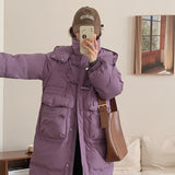 Korean Sweet Bamboo Buckle Down Jacket Female Long 2024 Winter New Hat Over The Knee Thick Warm Coat-Outfit