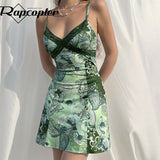 y2k Floral Mini Dress Lace V Neck Spaghetti Strap Sundress Retro Elegant Boho Beach Party Bodycon Dress Women