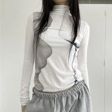 Renaissance Print Turtleneck Long Sleeve T-shirts Women Art Designer Clothes Ladies Elegant Slim White Tops