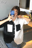 Women Shirts Short Sleeve Patchwork Pockets Summer Fresh Leisure Students Preppy-style Vintage Loose Harajuku Simple