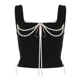 Zingj Pure Desire Wind Pearl Sling Vest Female 2024 Spring / Summer Lace Stitching Band Closed Waist Show Thin New