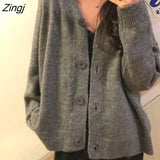 Women Ulzzang Casual Single Breasted Elegant Ladies Sweaters Jumpers V-Neck Solid Gray Chic Basic Femme Knitted