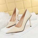 Zingj Retro Stone Grain High Heels Women's Shoes Heel High Heel Shallow Pointed Metal Beads Rivet Women's Singles