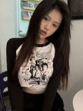 Black And White Stitching Contrast Color Cotton Printed Short Top Tight-Fitting Long-Sleeved T-shirt Women Grunge