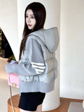 Autumn And Winter New Small Hooded Four Bars Down Jacket Female 2024 Korean Version Of Knit Sleeve Splicing Yoga Clothing Tide-Outfit