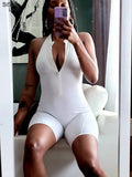 Summer Fitness Biker Romper Women Slim Sleeveless Backless Zipper Hollow Stretchy Playsuits Sportswear Overall