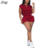 Summer Women Biker Two Piece Set Solid Color Tracksuit T shirt + Pant Sportsuit Clothes For Women