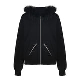 Zingj Cool Girl Big Wool Collar Hat Zipper Split Sweater Female Half Zipper High Collar Loose Coat Ins