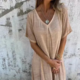 New Leisure Spring And Summer Loose Skirt Short-Sleeved V-Neck Solid Cotton