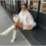 Feather Collar Cape Rhinestone Buttoned Coat-Outfit