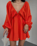 New V-Necked Long-Sleeved Dress Independent Design Bubble Sleeve