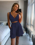 Summer V Neck Strap Crop Top + High Waist Shorts Women's Solid Color
