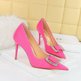 Zingj Fashion Banquet High Heels Fine Heel Shallow Pointed Satin Metal Water Diamond Buckle Single Shoe