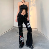 Zingj Cool Goth Wind Waist Print Washed Jeans 2024 Spring And Autumn New Leg Ring Straight