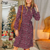PETAL Speckled Print A-Line Midi Dress For Woman Sexy High Neck Long Sleeve Party Dress 2023 Spring Autumn Female