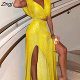 Women Summer Party Wear Sexy Glitter V-Neck Sleeveless Yellow Midi Long Maxi Dress Fashion Streetwear Night Club Robes Ball