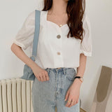 Women Square Collar Puff Sleeve Button Korean Style Elegant Chiffon Trendy Female Top Blusas All-match Summer Popular