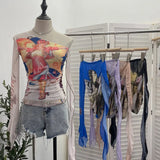 One-Shoulder Horn Long-Sleeved Mesh Yarn-Print T-Shirt With Short Tight Top