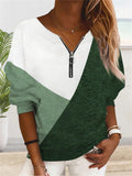 Multicolor Geometric Pattern Long-sleeve Zipper V-neck