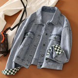 Zingj 2024 New Korean Version Denim Jacket Women's Versatile Fashion Fashion Splicing Plaid Jacket Jacket Women Fashion-Outfit