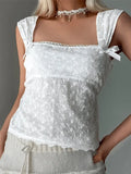 Embroidered Bow Lace Stitching Tank Top- Outfit