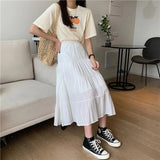 Summer Women Chiffon Skirts Vintage High Waist Elastic Patchwork White Black Chic Long Cake A-line Skirt for