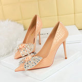 Zingj Korean Version Of Fashion Banquet High Heels Fine Heel Super High Heel Shallow Mouth Pointed Water Diamond Bow Single Shoe