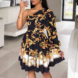 Zingj Women's Bohemian Print Diagonal Shoulder Long Sleeve Middle