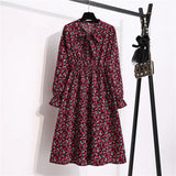 Summer Dress Women Lady Korean Style Vintage Floral Printed Cotton-Chiffon Shirt Dress Long Sleeve Bow Midi Dress