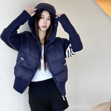 Autumn And Winter New Small Hooded Four Bars Down Jacket Female 2024 Korean Version Of Knit Sleeve Splicing Yoga Clothing Tide-Outfit