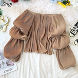 Off Shoulder Pleated Shirts Women Korean Sweet Fluffy Big Puff Sleeve Tops Elegant Vintage Solid Backless Chiffon