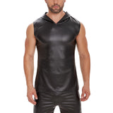 Zingj Matte Leather Vest Premium Soft Lacquered Leather Hooded Sleeveless T-Shirt With No