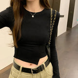 Feeling Round Collar Solid Color Fishbone Blouse Women's Autumn New Style Long Sleeves Waist Short Style Bottom Shirt