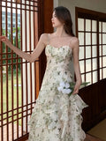 Floral Chiffon Midi-dresses Women Sleeveless Spaghetti Strap Backless Ruffle Dress Elegant Casual Party Ladies