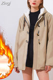 Women's Winter Leather Jacket Hooded Warm Velvet Female Long Sleeve Soft Solid Loose Parkas Khaki Pu Faux Oversize Cashmere