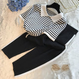 2024 Fashion Tracksuits Woment Striped Knit Pants Suit Casual Knitted Short-sleeved T-shirt + Long Pants 2 Piece