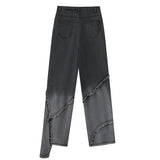 Flared Jeans Women's Stitch Folds Irregular Mopp Black Gray Straight Loose Raw Edge Trousers Female Denim Pants