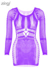 Sexy See Through Hollow Mini Dresses Women O-Neck Off Shoulder Skinny Midnight Party Clubwear Skirts Female