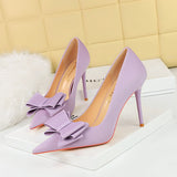 Zingj Korean Version Fashion Thin Heels, Silk, Shallow Pointed Bow Single High Heel Women's