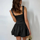 French Fashion Shrunken Pleated Fluffy Dress 2024 Summer New Suspender