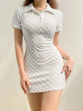 Solid Geometric Casual Mini Dress for Women Turn-down Neck Short Sleeves Slim Clothing Aesthetic Basic Chic