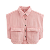 Women's Solid Color Big Pocket Sleeveless High Sense Cardigan Polo Collared Shirt Denim Top
