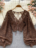 Black/White/Brown Sexy Lace Blouse Women Elegant V-Neck Puff Long Sleeve Open Back Short Tops Female Party Blusas