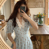 Floral Dress Women Elegant Lace Chiffon Korean Party Dress Puff Sleeve V Neck Midi Dress Fall Dresses for Women
