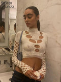 Diamonds Mesh Hollow T-Shirts Women Full Sleeve O-Neck Y2K Chic Tops Female Stretch Thin Trend Tees Streetwear