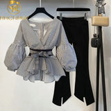 2022 Spring Summer 2 Pcs Suits Women's Striped Bow Lantern Sleeve Blouse + Black Split Flare Sleeve Pants Set