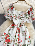 Women Sexy Floral Chiffon Dress Female Elegant V-Neck Short Sleeve High Waist A-Line Beach Vestido Casual Party Robe